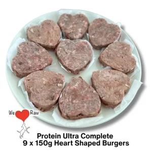We Love Raw Protein Ultra Complete: Duck with Atlantic MSC Salmon 9 x 150g Heart Shaped Burgers