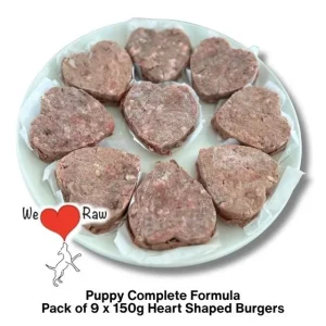 We Love Raw Puppy Complete Formula: Turkey, Beef & Lamb with Added Multivitamins & Minerals 9 x 150g Heart Shaped Burgers