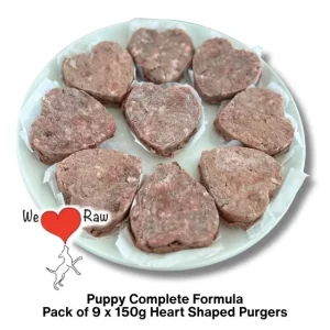We Love Raw Puppy Complete Formula: Turkey, Beef & Lamb with Added Multivitamins & Minerals 9 x 150g Heart Shaped Burgers